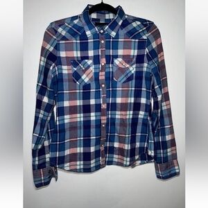 Y2K American Eagle medium Plaid flannel snap pearl Button Down Shirt blue pink